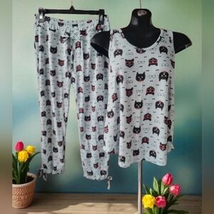 Just Hit Snooze! Cat Print 2 Piece Pajama Set Size M